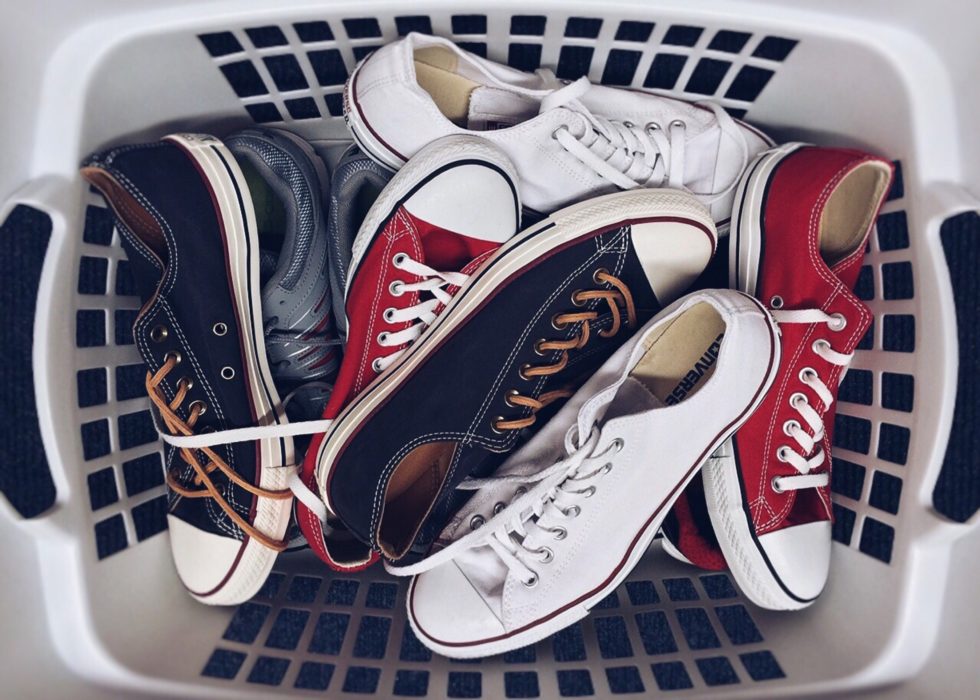 shoes in a white basket